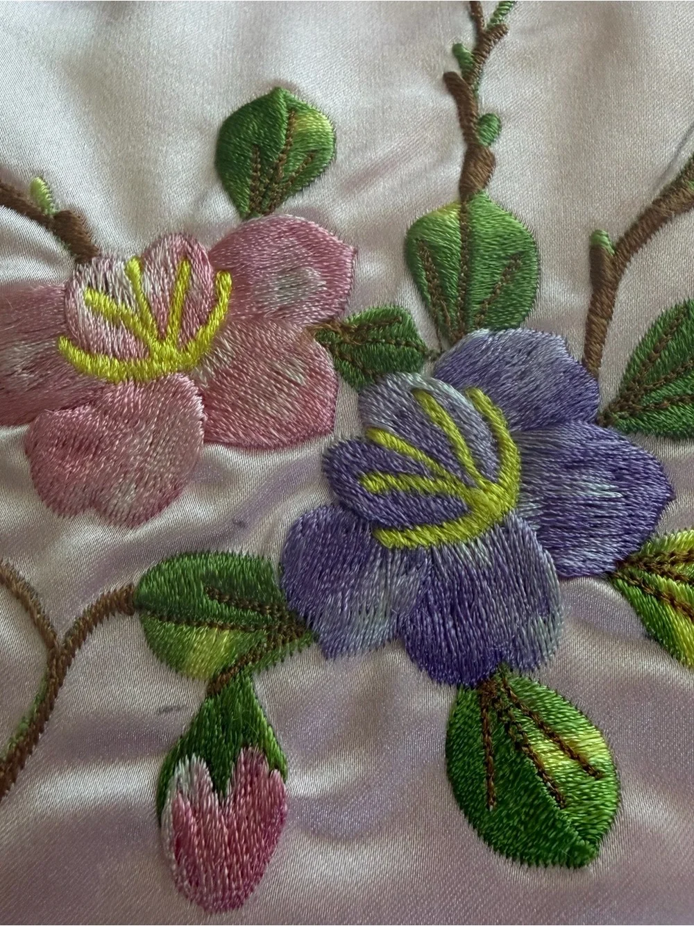 Rare Handmade Vintage Satin Embroidered Floral Bedspread Coverlet 74” x 86”